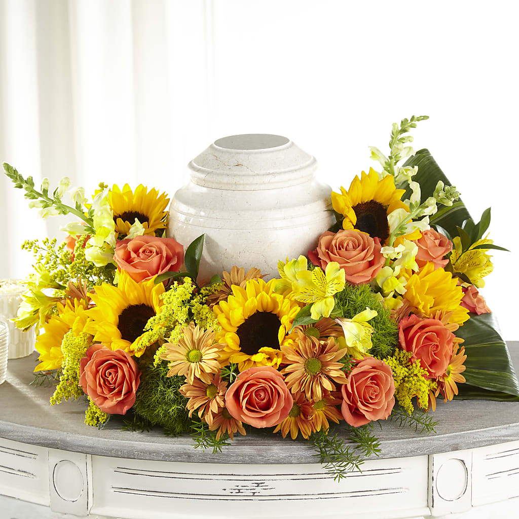 Faithful Sunflower Cremation Adornment – DW FLORALS & GIFTS OF SANTA FE, Santa Fe TX