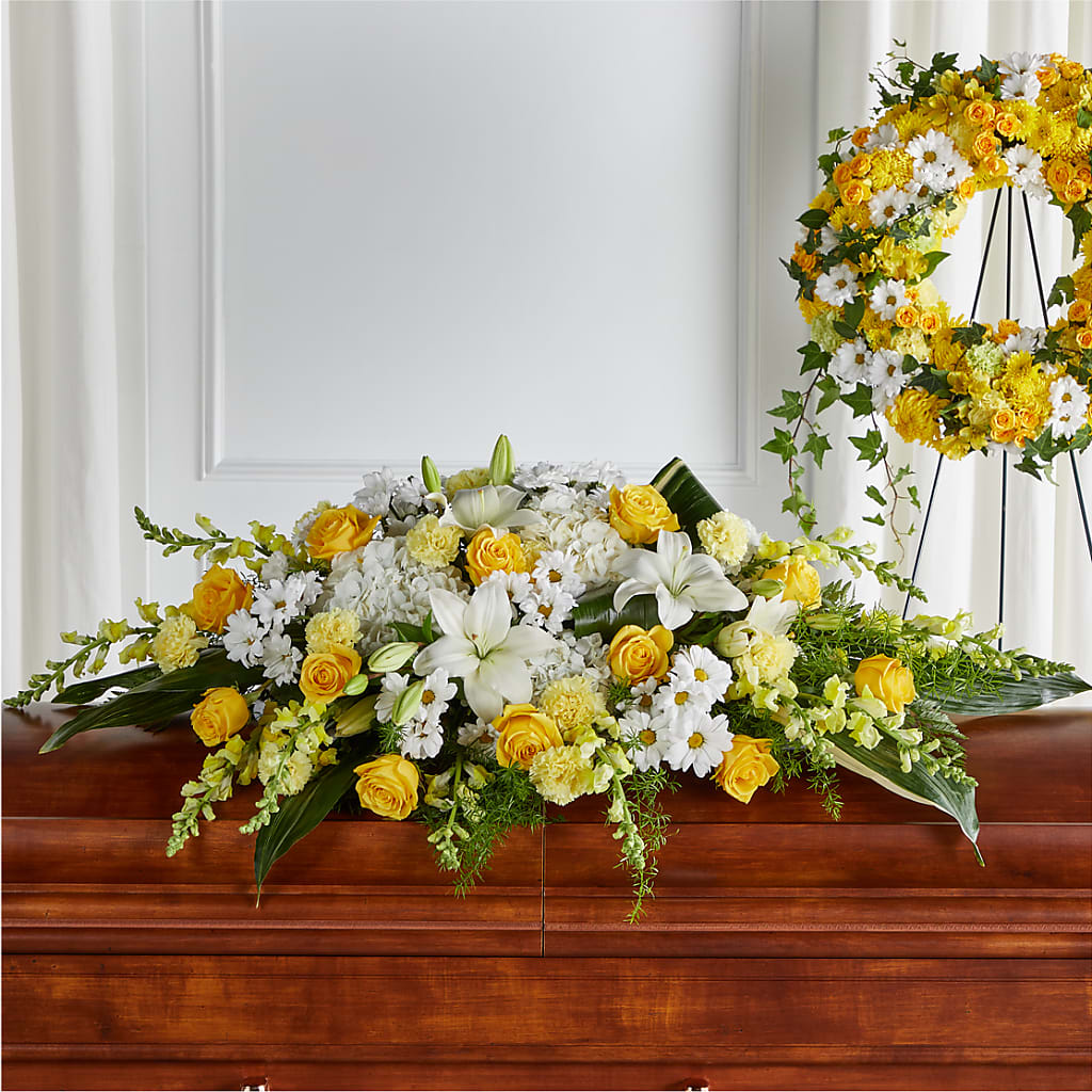 Golden Harmony Casket Spray – DW FLORALS & GIFTS OF SANTA FE, Santa Fe TX