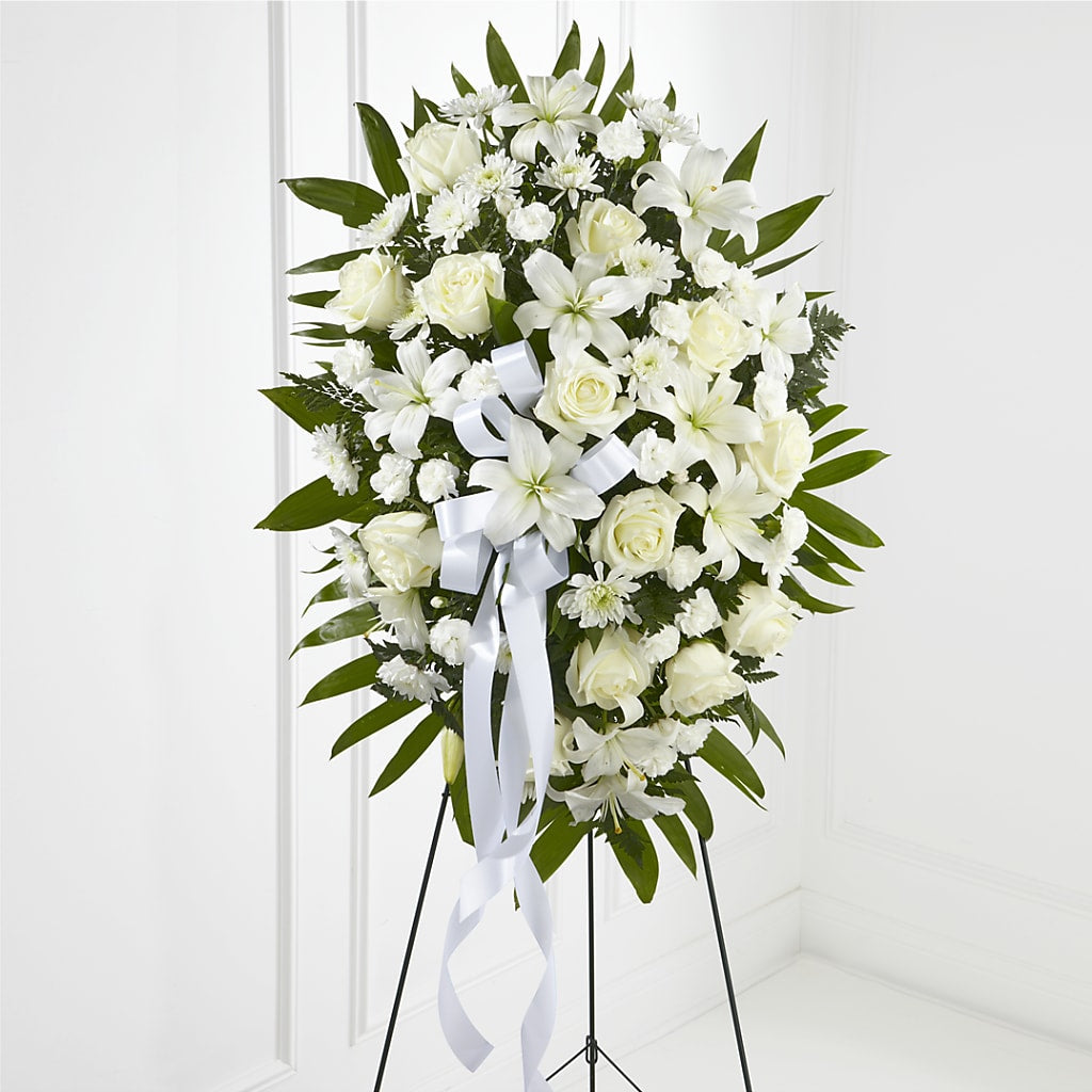 Exquisite Tribute Standing Spray-White Ribbon – DW FLORALS & GIFTS OF SANTA FE, Santa Fe TX